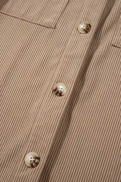 Chic Women's Pale Khaki Corduroy Shacket with Hood, Drawstring, and Pockets - Perfect for Casual Layering