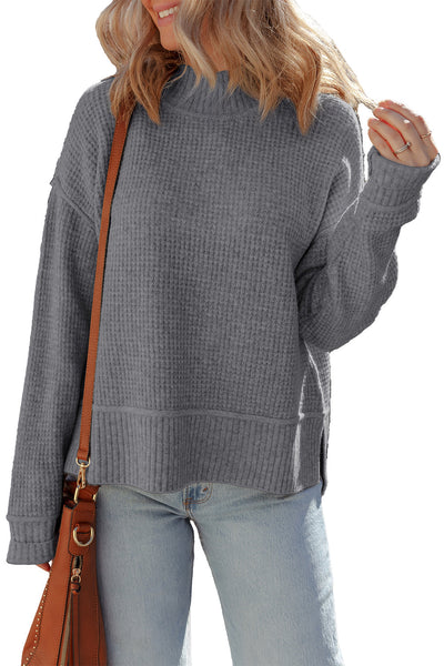 Women's Medium Grey Waffle Knit High Neck Sweater with Drop Shoulder