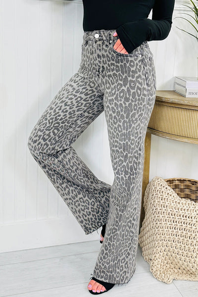 stylish women's high-rise leopard print jeans with tummy control and raw hem - comfortable fit for everyday outfits with practical styling and