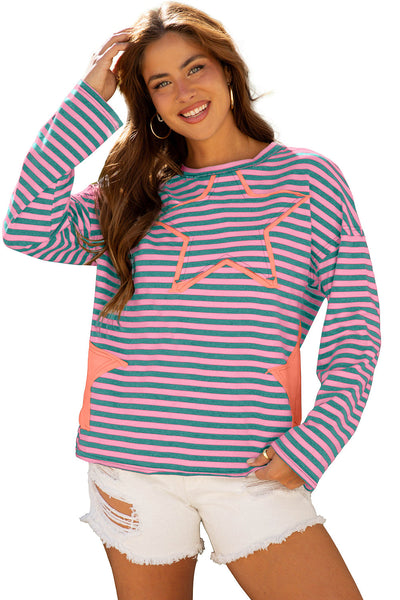 Women's Casual Green Stripe Knit Top with Starry Patch, Drop Shoulder Design, and Trendy Raw Edge Detail