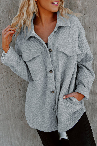 Women's Gray Retro Quilted Shacket with Pockets - Trendy Button-Up Jacket for Chic Layered Style and Comfort made for easy styling and wardrobe