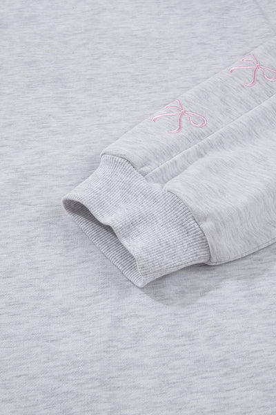 Light Grey Women's Casual 2-Piece Outfit: Bow-Embroidered Puff Sleeve Pullover with Loose-Fit Shorts