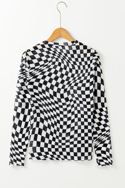 Trendy Women's Black Checkered Mesh Mock Neck Long Sleeve Top - Chic Style for Casual Outings and Everyday Wear