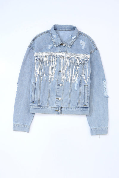 Women's Sky Blue Sequin Fringe Distressed Denim Jacket