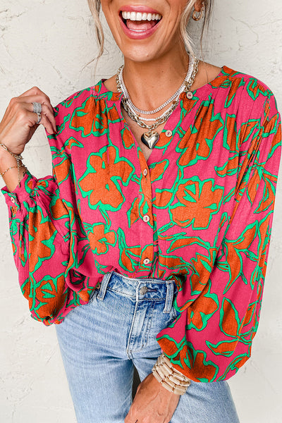 Women's Floral Viscose Button-Up Blouse with Balloon Sleeves
