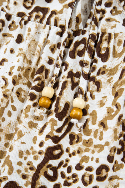 Chic Women's Khaki Leopard Print Long Sleeve Blouse with Beaded V-Neck Tie - Perfect for Casual or Dressy Occasions