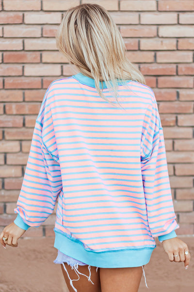 Women's Stylish Pink Stripe High-Low Pullover Tunic Sweatshirt with Contrast Trim for Comfortable Everyday Wear