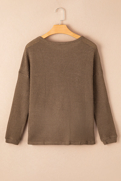 Women's Dark Brown Waffle Knit Long Sleeve Drop Shoulder Top - Cozy Casual Style for Effortless Everyday Chic