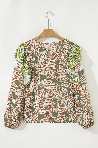 Women's Stylish Green Abstract Leaf Print Long Sleeve Blouse with Ruffle Trim - Trendy Top for Every Occasion