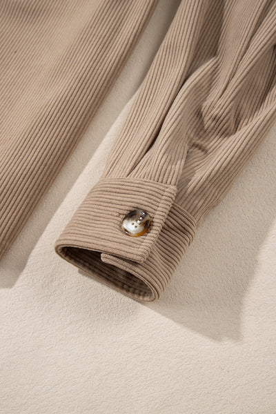 Chic Women's Pale Khaki Corduroy Shacket with Hood, Drawstring, and Pockets - Perfect for Casual Layering