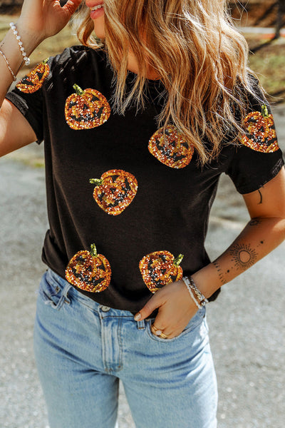 Women's Black Sequin Pumpkin Face Halloween T-Shirt - Fun, Festive, and Comfortable Casual Fit for Spooky Season