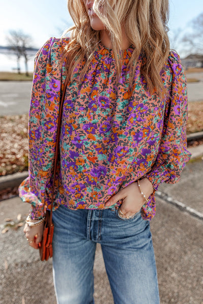 Elegant Women's Purple Floral Blouse with Frilled Neckline & Shirred Cuffs - Perfect for Casual or Formal Occasions
