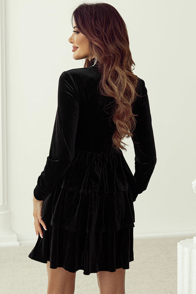 Chic Women's Black Velvet High Neck Mini Dress with Tiered Ruffles Ideal for Parties and Special Occasions