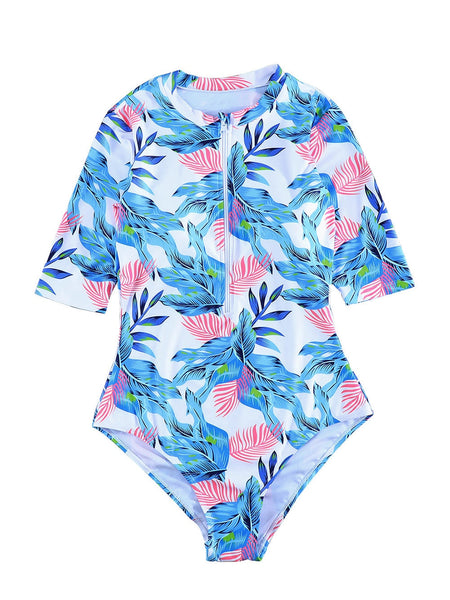 Women's Floral Print Zip Front Half Sleeve Beach One Piece Swimsuit