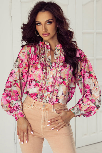 Stylish Women's Red Floral Ruffled Button-Up Shirt - Loose Fit, Perfect for Summer Casual Wear and Comfort