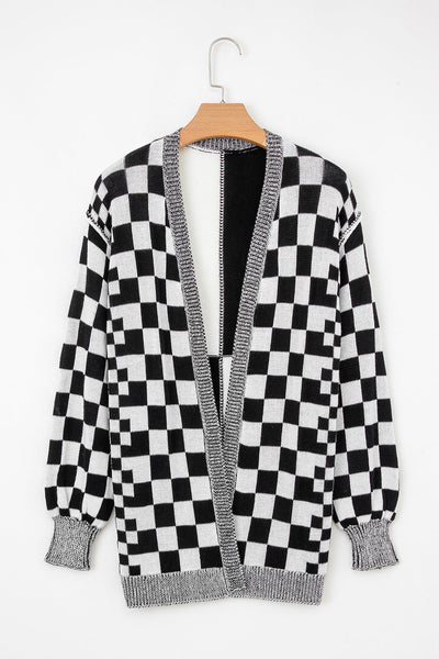 Stylish Women's Oversized Black Checkered Cardigan - Cozy Knit Sweater for Fall Fashion and Casual Everyday Wear