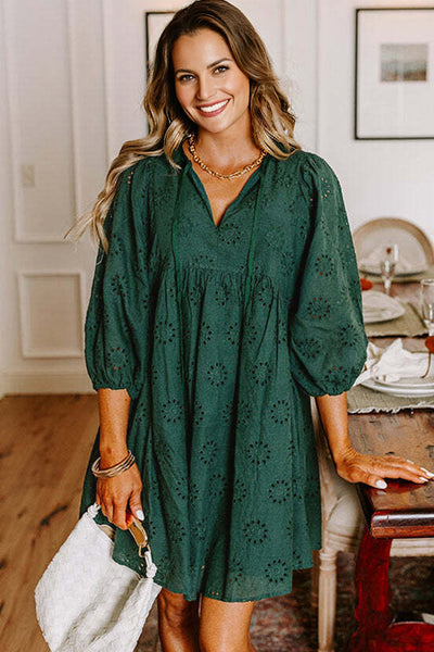 Women's White Eyelet Embroidered Summer Dress - Flowy Fit & Elegant Details for Casual or Special Occasions