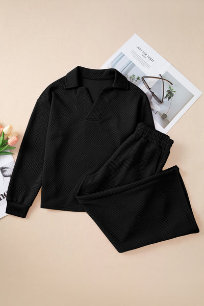 Chic Women's Black Textured V-Neck Collared Top with Wide Leg Pants Set - Stylish, Comfortable Outfit for Casual Outings