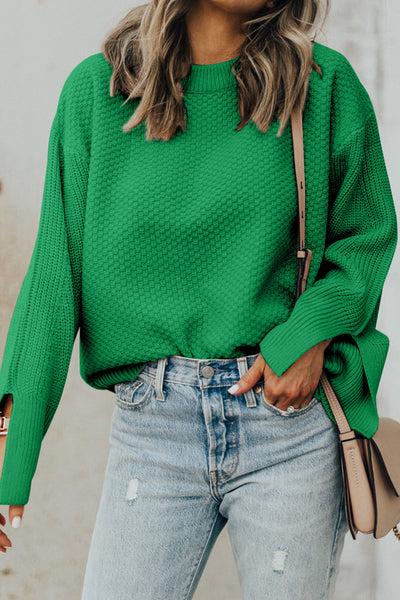 Women's Kelly Green Waffle Knit Split Cuff Sweater