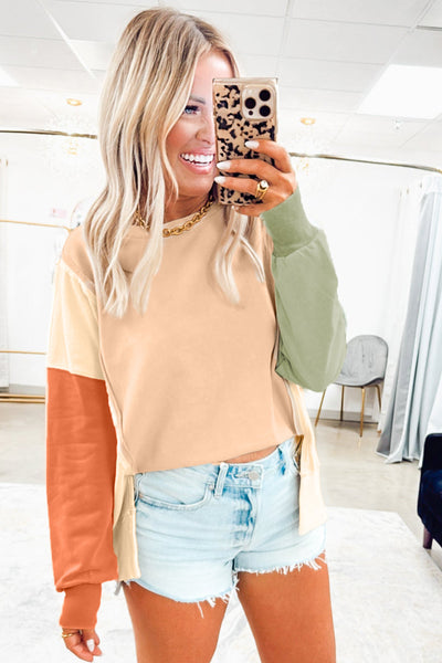Trendy Beige Color Block Casual Sweatshirt for Women with Split Hem - Comfortable Everyday Fashion Essentials