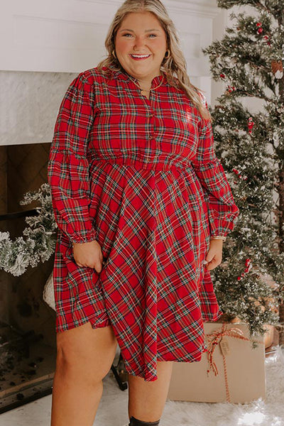 Plus Size Women's Elegant Red Plaid Long Sleeve Holiday Dress with Half Button Detail for Festive Seasonal Style