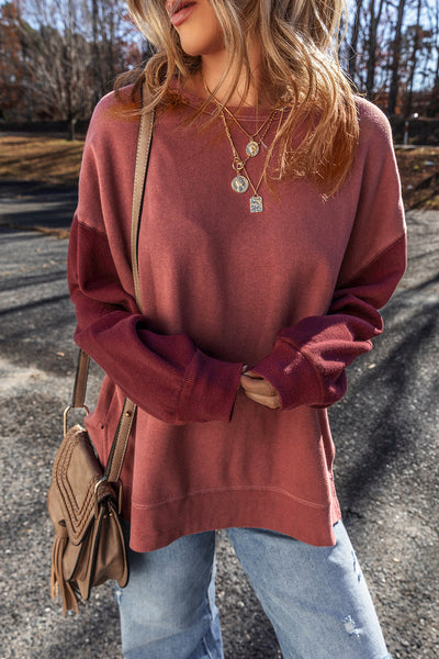 Cozy Women's Mineral Red Two-Tone Patchwork Drop Shoulder Sweatshirt - Effortless Everyday Casual Style