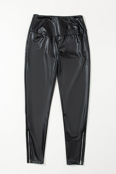 Stylish Women's Black Faux Leather Leggings with Zipper Accents - Ideal for Casual Outings or Nighttime Elegance