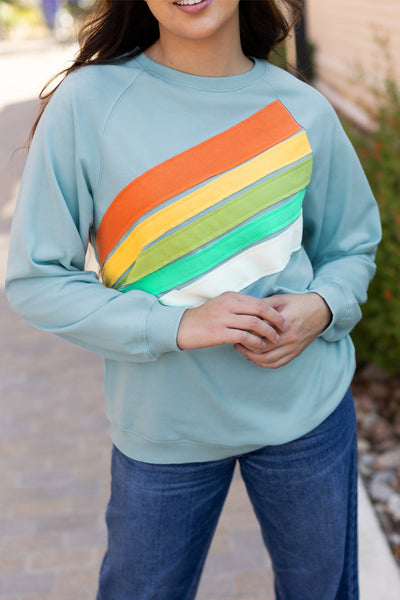 Cozy Women's Beau Blue Rainbow Colorblock Striped Pullover Sweatshirt for Casual Chic Style and Comfort