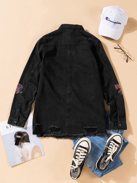 Women's Trendy Black Sequin Tiger Print Distressed Denim Jacket
