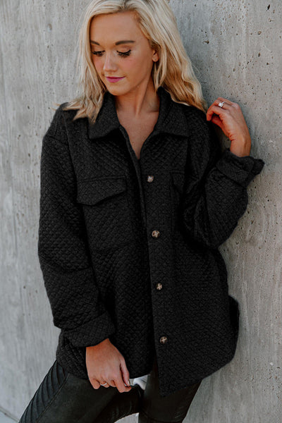 Women's Black Retro Quilted Shacket with Flap Pockets - Chic Button-Up Overshirt for Effortless Casual Style