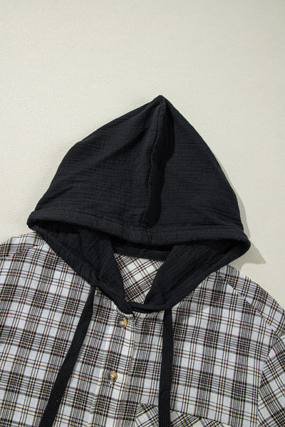 Trendy Women's Black Checkered Hooded Shacket - Loose Fit Button-Up Layer for Casual Chic Style
