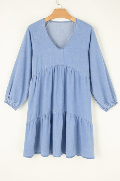 Loose Solid Color V Neck Button Mini Dress