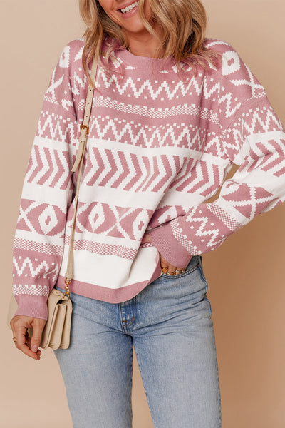 Cozy Women's Fuchsia Abstract Print Pullover Sweater - Stylish Knit Top for Fall & Winter Wardrobe Essentials