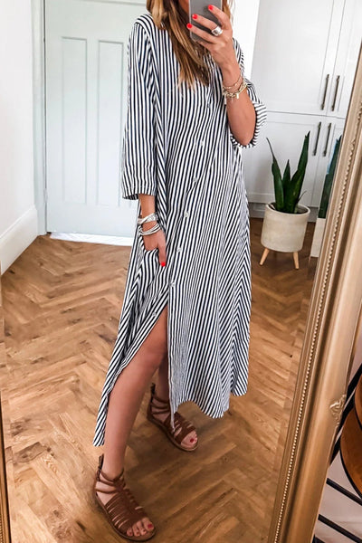 Women's Relaxed Fit Black Striped Maxi Dress with Side Pockets and Button-Up Closure for Effortless Chic Style