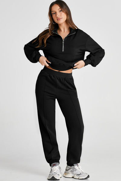 Women's Black Half-Zip Pullover Activewear Top & Joggers Set - Stylish, Comfortable Fitness Outfit for Everyday Wear