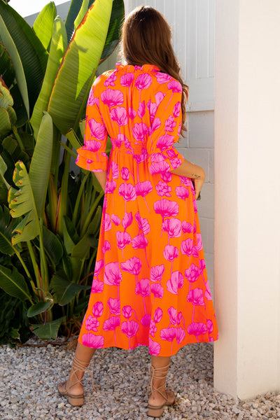 Women's Orange Poppy Print Smocked Maxi Dress with Ruffle Sleeves