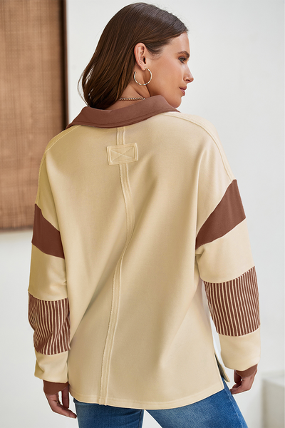Women's Sequined Football Polo Sweatshirt with Striped Patchwork