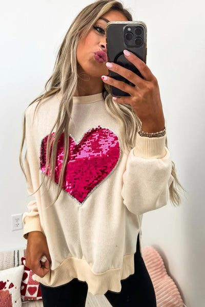 Trendy Women's Beige Ribbed Sweatshirt with Sequin Heart, Side Slit, Perfect for Casual Chic Outfits