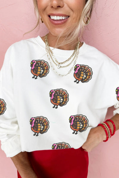 Women's Embellished Sequin Turkey Sweatshirt in White Cotton-Poly