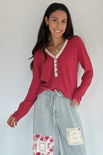 Women's Pitaya Pink Ribbed Knit V-Neck Pullover Top with Lace Trim - Effortless Long Sleeve Style for Trendy Outfits