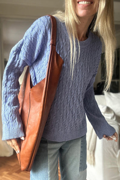 Chic Cozy Orchid Petal Drop Shoulder Cable Knit Sweater for Women - Stylish Round Neck for Effortless Fall Looks