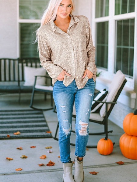 Sequin Embellished V-Neck Short Sleeve Fashion Blouse