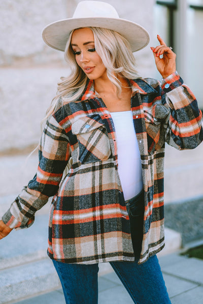 Women's Stylish Khaki Geometric Plaid Shacket with Pockets - Perfect Layering Piece for Fall & Winter Fashion