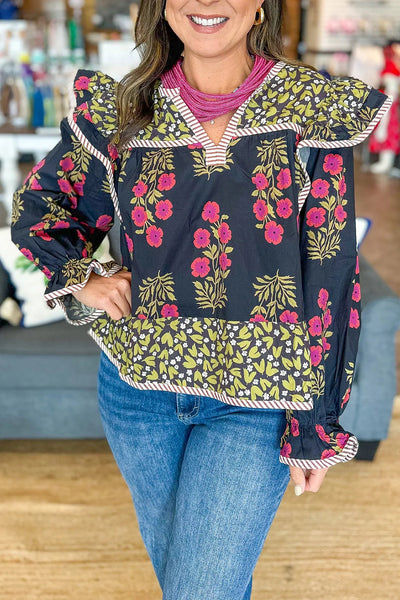 Women's Comfortable Black Floral Print Top - Chic Midnight Bloom Design for Casual Everyday Style