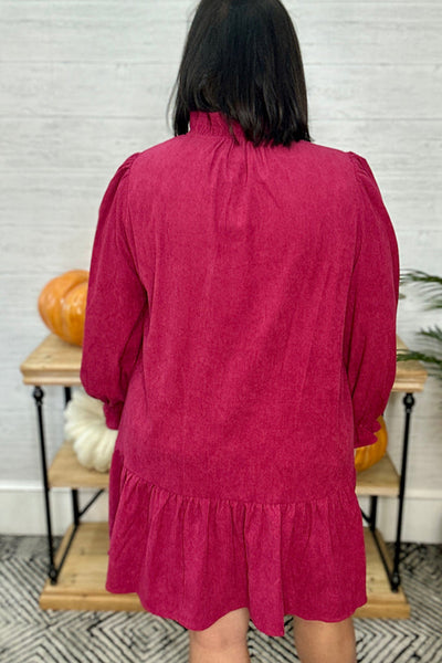 Plus Size Women's Pitaya Pink Frilled V-Neck Long Sleeve Mini Dress - Chic, Comfortable Style for Any Occasion