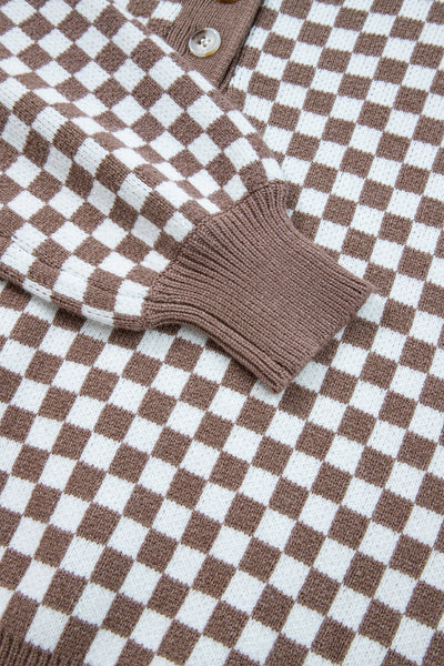 Women's Checkerboard Half-Button Knit Sweater in Cocoa and Cream with practical styling and dependable silhouette control.