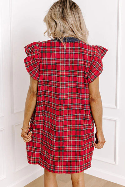 Women's Festive Red Plaid Mini Dress with Ruffled Sleeves and Bow Detail, Perfect for Parties and Special Occasions