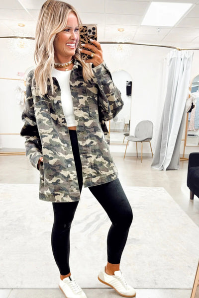 Stylish Women's Green Camo Loose Fit Jean Jacket with Chest Pockets for Effortless Casual Comfort made for easy styling and wardrobe coordination,