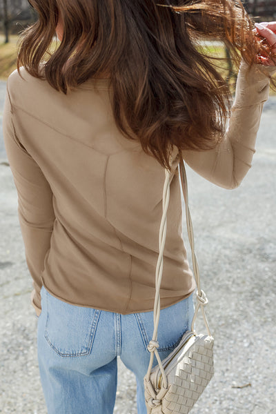 Women's Pale Khaki Long Sleeve Top - Stylish, Versatile & Comfortable Everyday Wear with Unique Raw Seam Detail