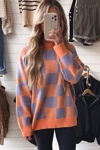 Cozy Baggy Fit Women's Grapefruit Orange Checkered Knit Sweater with Ribbed Trim for Effortless Casual Style
